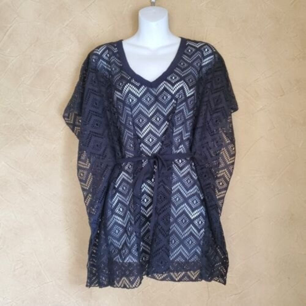 Lily Bleu Swim Cover Up Tunic Medium Black Beach Kaftan Sheer Mesh Coastal